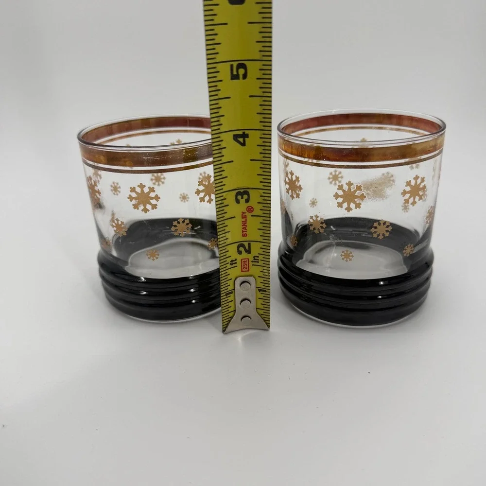 Vintage MCM Gold Snowflake Whiskey Glasses Sakura Sango Black Ribbed Base Set